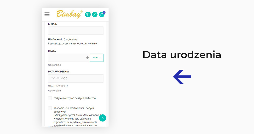 Przykład formularza na stronie sklepu Bimbay, w którym wymagane jest podanie daty urodzenia klienta