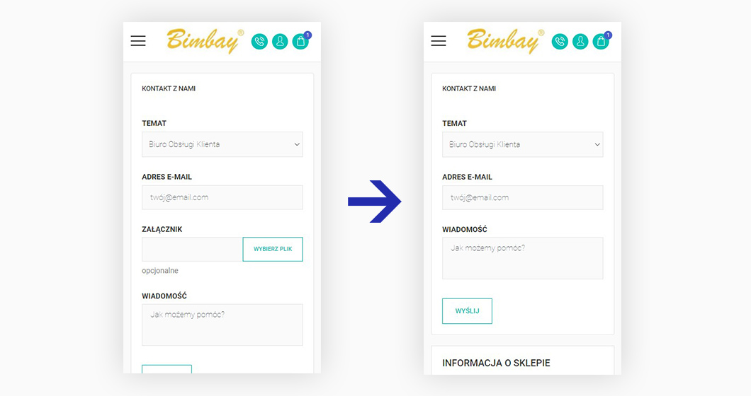 Przykład formularza kontaktowego firmy Bimbay na stronie sklepu