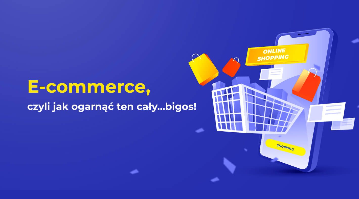 Obrazek tytułowy ilustrujący e-commerce jako zbiór wielu elementów, które składają się na koszyk zakupowy