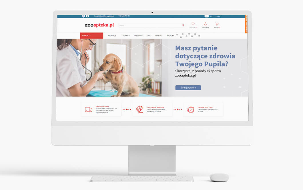 Zrzut ekranu komputera przedstawiający stronę główną sklepu zoologicznego Zooapteka ze zdjęciem weterynarza badającego psa razy jamnik