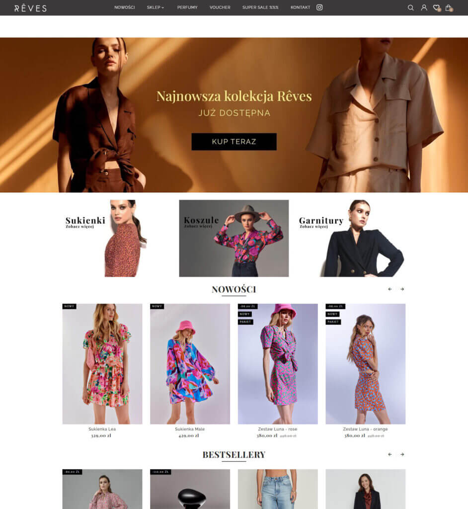 Zrzut ekranu ze strony głównej internetowego butiku marki Reves przedstawiający banery z najnowszą kolekcją oraz najpopularniejsze kategorie
